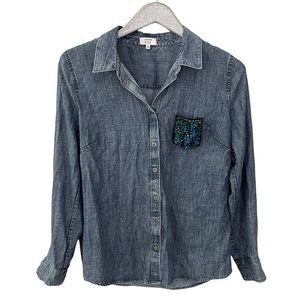 Crown & Ivy Chambray Denim Button Down Long Sleeve Shirt with Jeweled Pocket